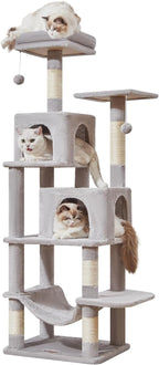 Taoqimiao Cat Tree, 61-Inch Cat Tower for Indoor Cats, Plush Multi-Level Cat Condo with 5 Scratching Posts, 2 Perches, 2 Caves, Hammock, 2 Pompoms, Light Gray MS013SW