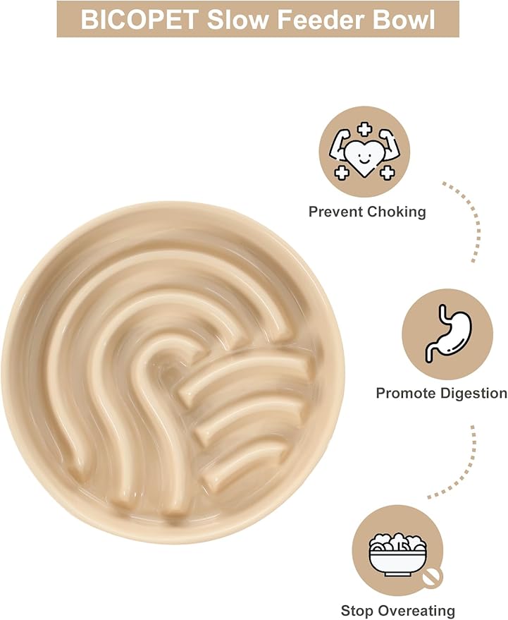 Ceramic Maze Dog Slow Feeder with Non-Slip Silicone Rim – Heavy-Duty Stoneware Bowl with Puzzle Pattern for Bloating & Obesity Prevention (Apricot-M)