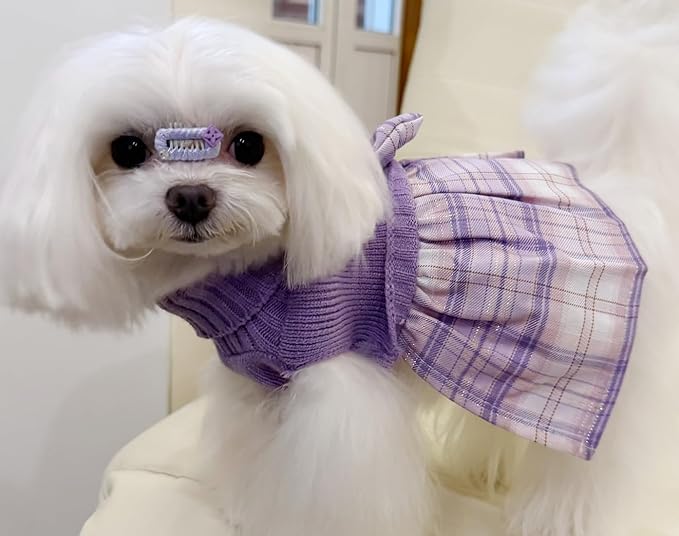 Purple Knitted Dog Sweater Dress, Pink Plaid Dog Winter Clothes Dresses for Small Dogs Girl, Maltese Cat Apparel, X-Small (XS)