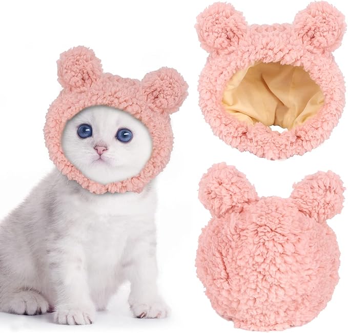 JOICEE Cute Cat Costume Warm Bear Hat Adjustable Soft Small Pet Headwear for Puppy Dog (Pink)