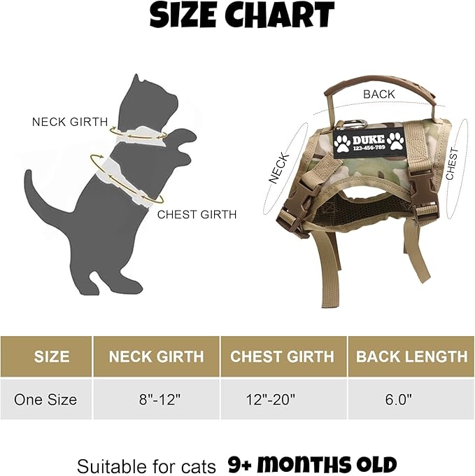 Tactical Cat Harness Escape Proof for Walking with Personalized Patches - Adjustable Harness for 8-20lbs Cat Escape Proof - Soft Vest for Large Kitty with Optional Leash (Red)