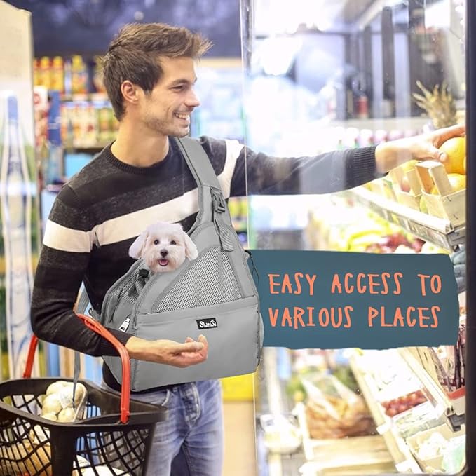 SlowTon Pet Dog Sling Carrier, Hands Free Hard Bottom Papoose Small Animal Puppy Up to 6 lbs Travel Bag Tote Breathable Mesh Support Adjustable Padded Strap Pocket Safety Belt Machine Washable