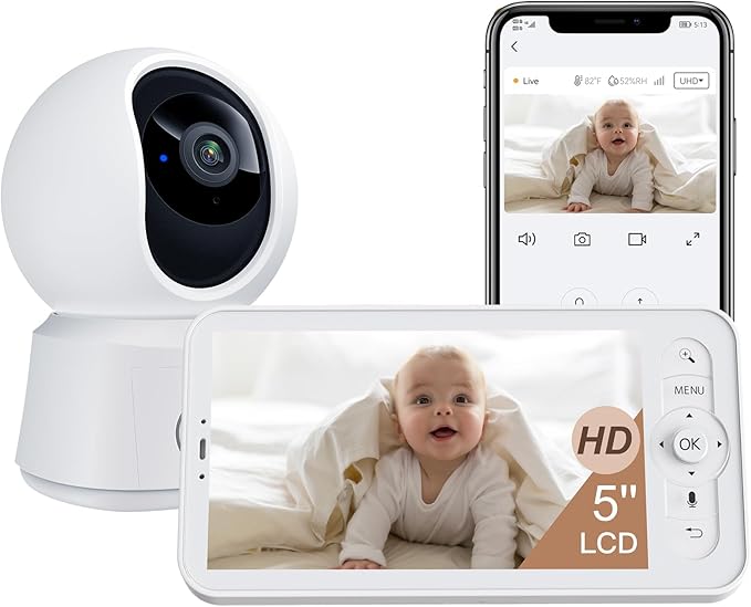 ARENTI WiFi Baby Camera Monitor B2 Kit 2025 Upgraded, 5-inch Wireless Display, Smartphone App, Encrypted Connection, Lullaby, Super Night Vision, Auto Tracking, Temp Sensor, Support Local Storage