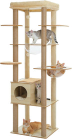 PEQULTI 71'' Cat Tree, Tall Wood Cat Tower for Indoor Cats with 2 Acrylic Cat Hammock, Multi-Level Activity Trees with Scratching Posts, Condo House and Large Top Perch for Large Cats, Beige