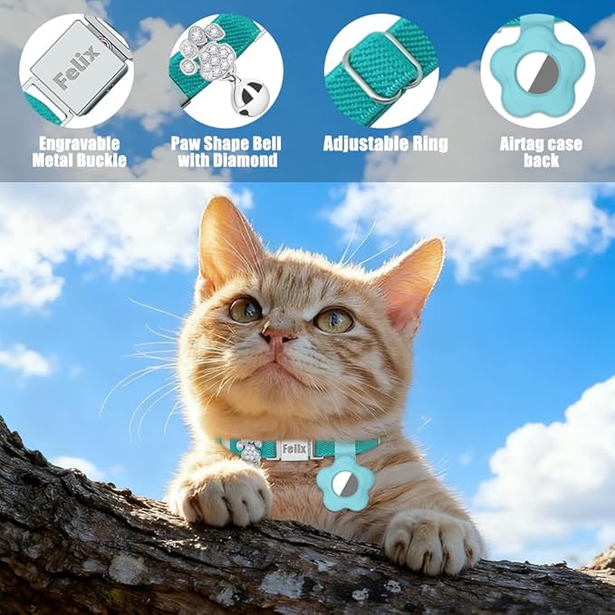 Personalized Safety Elastic Cat Collars with Bell Soft Silicone Cover for Air Tag,Laser Customized Stretch Kitten Collars for Girls Boys Cats (Cyan)