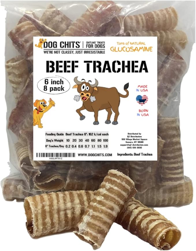 Dog Chits Beef Trachea for Dogs - Dog and Puppy Chews | Amazing for Joints | Made in USA | 6 in, 8 Pack | All-Natural Treats | Large and Small Breeds