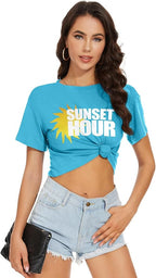 Womens Summer Crop Tops Short Sleeve Round Neck T-Shirts Loose Fit Casual Blouse