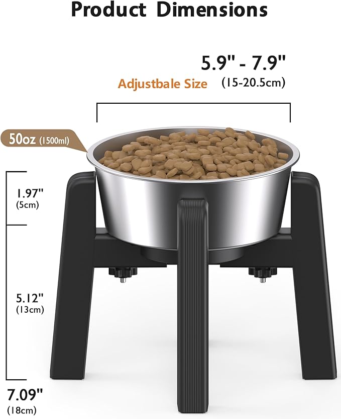 CZPET Dog Bowl Stand, 51 oz Large Capacity Raised Elevated Dog Food/Water Stainless Steel Feeder, Size Adjustable & Anti-Slip Stand for Medium Dogs (2 Pack)