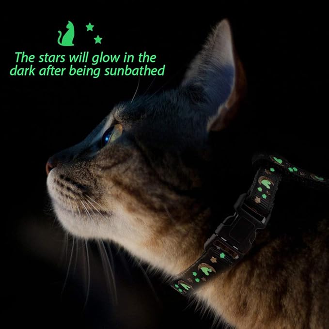 Cat Harness and Leash Set Gold Moons Stars Soft Nylon Escape Proof Adjustable for Kittens Small Animals Glow in The Dark (Black)