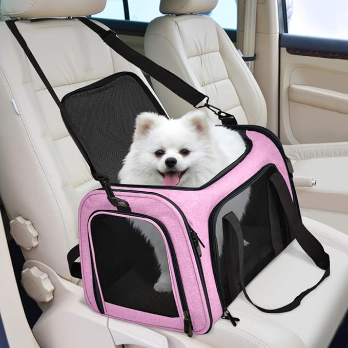 Pet Carrier for Small Medium Cats Dogs Puppies up to 15 Lbs, TSA Airline Approved, Soft Sided, Collapsible Travel - Pink