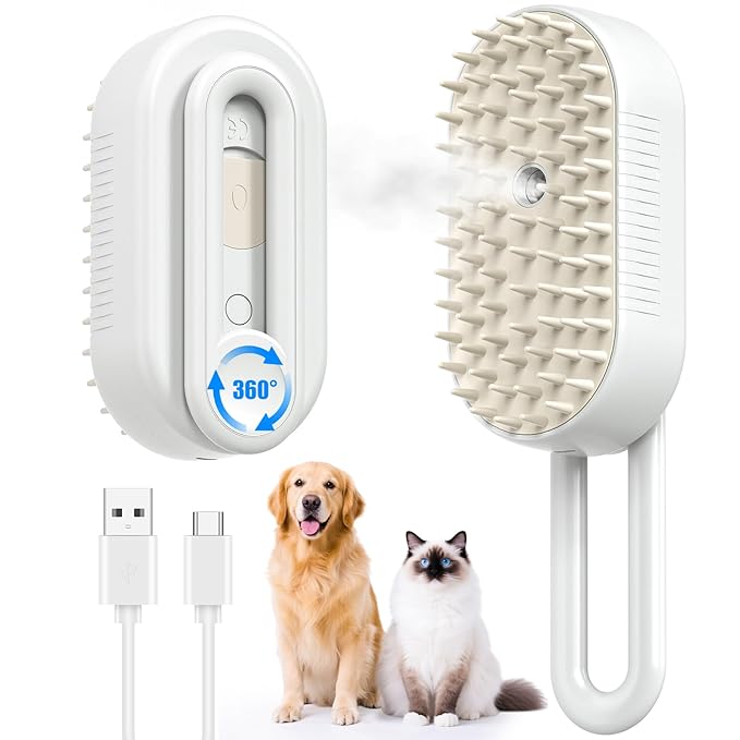 4 in 1 Cat Steam Brush for Shedding, Rechargeable Steam Brush with Foldable Handle, for Cats and Dogs Massaging and Cleaning, Multifunctional Hair Removal Comb (White)