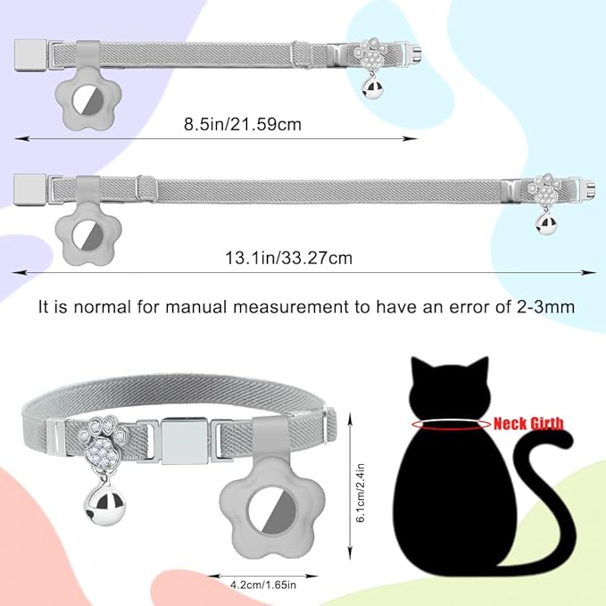 Personalized Safety Elastic Cat Collars with Bell Soft Silicone Cover for Air Tag,Laser Customized Stretch Kitten Collars for Girls Boys Cats (Grey)