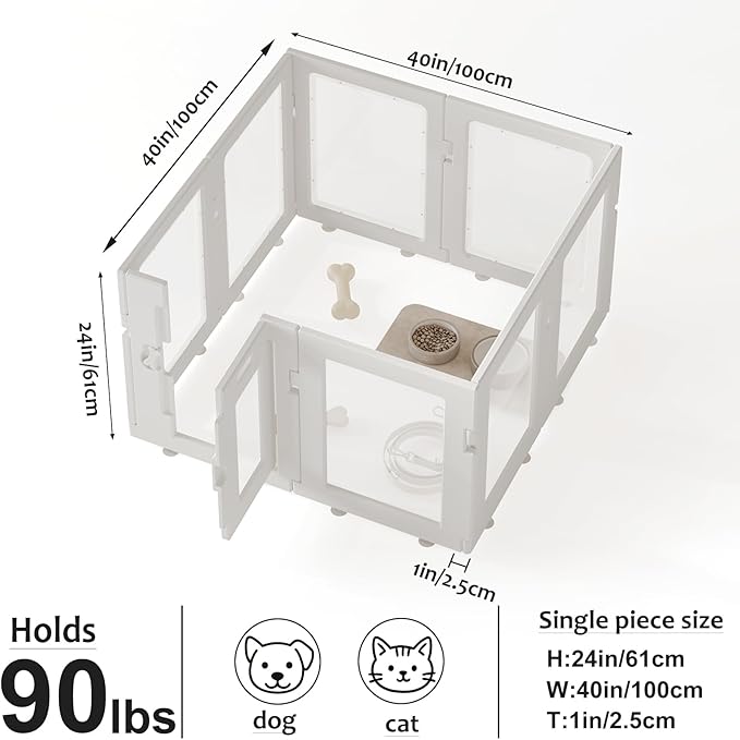 Clear Acrylic Dog Playpen Indoor, Puppy Cat Small Pet Play Pen, Easy Assemble & Disassemble Sturdy Plastic Dog Fence with Heavy Duty Door Lock (24In H, 8PCS), White
