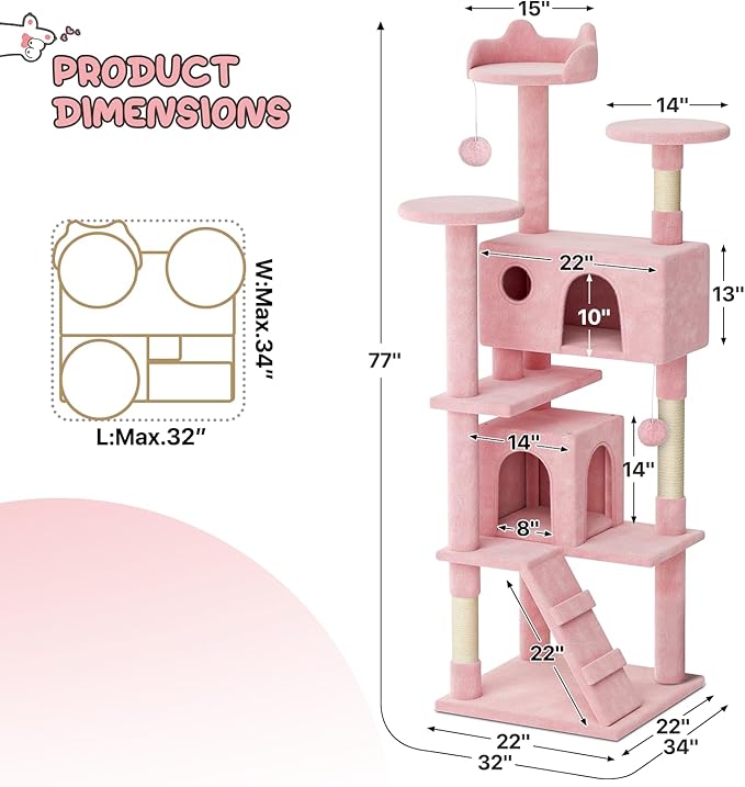 MoNiBloom 77 Inch Cat Tree Tower for Indoor Cats Large Adults, Tall Cat Tower with Scratching Post, Multi-Level Furniture Activity Center with Cat Condo Pet Play House, Soft Pink