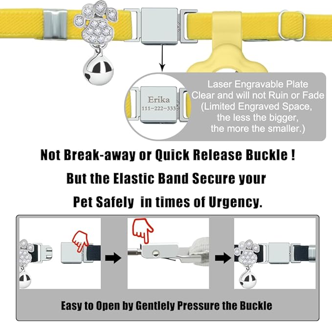 Personalized Safety Elastic Cat Collars with Bell Soft Silicone Cover for Air Tag,Laser Customized Stretch Kitten Collars for Girls Boys Cats (Yellow)