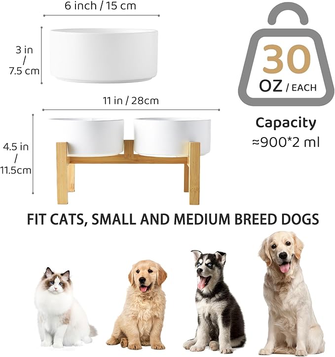 Raised Ceramic Dog Bowl Set - Elevated Dog Bowls with Non Slip Bamboo Stand, Food and Water Bowl Set for Small and Medium Breed Dogs, Pet Bowls, Weighted Dogs Dishes (6'', 2 * 30OZ, White)