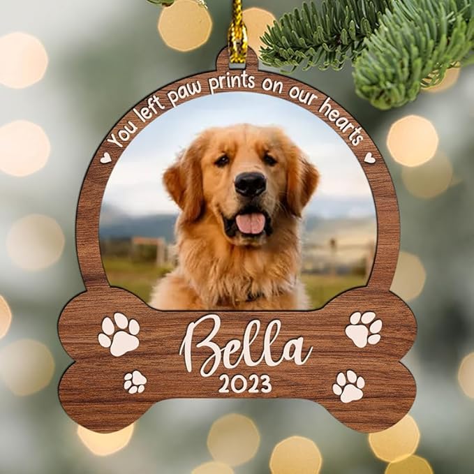 Personalized Memorial Ornament, Custom Photo with Name Year, Pet Sympathy Gifts, Christmas Tree Ornaments, Dog Loss, You Left Paw Prints On Our Heart A1