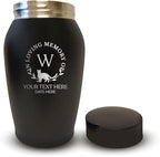 Personalized Custom Small Keepsake Urn Engraved with Pet Name, Date and Cat Design - 5.2" Black Powder Coated Steel Cremation Urn for Cat Ashes | 12-16 lb Capacity, Typography + Cat
