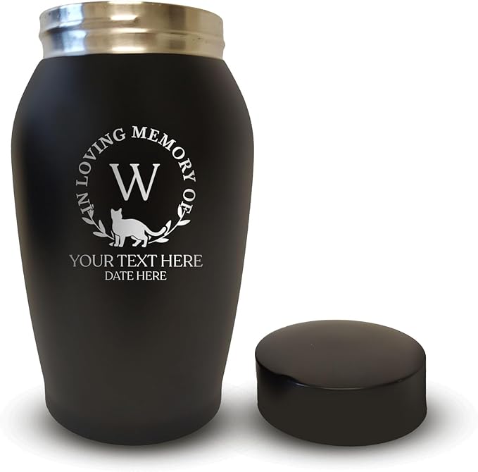 Personalized Custom Small Keepsake Urn Engraved with Pet Name, Date and Cat Design - 5.2" Black Powder Coated Steel Cremation Urn for Cat Ashes | 12-16 lb Capacity, Typography + Cat