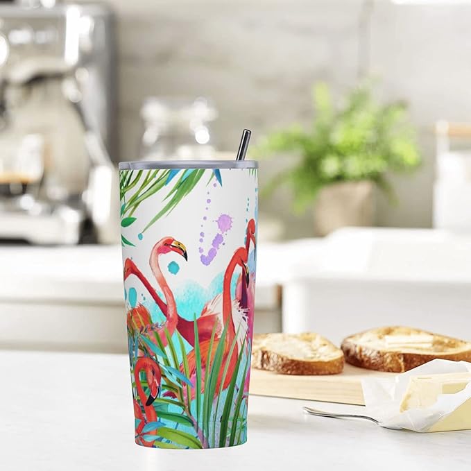 Dujiea 20oz Tumbler With Lid And Straw, Tropical Pink Flamingo Vacuum Insulated Iced Coffee Mug Reusable Travel Cup Stainless Steel Water Bottle