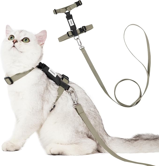 Cat Harness and Leash Set - Green Extra Lightweight Soft Kitten Harness Escape Proof, Adjustable Travel Pet Harness for Walking，Easy Control Comfortable Outdoor (Olive Green, One Size)