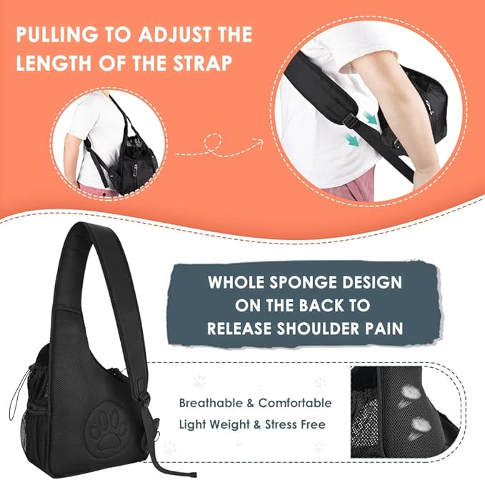SlowTon Pet Dog Sling Carrier, Hands Free Hard Bottom Papoose Small Animal Puppy Up to 12 lbs Travel Bag Tote Breathable Mesh Support Adjustable Padded Strap Pocket Safety Belt Machine Washable