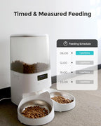 Automatic Cat Feeder - Cat Food Dispenser for 2 Cats MeowServe S20D, Auto Dog Feeder with Stainless Steel Bowls, 5L Pet Feeder with Patented Anti-Jam Port, App, 2.4G/5G WiFi (White)