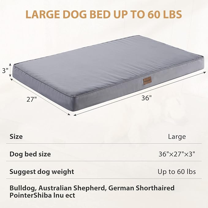 BFPETHOME Outdoor Dog Beds for Large Dogs, Waterproof Dog Bed for Medium, Large, Extra Large Dogs, Orthopedic Pet Bed with Removable Washable Cover, Egg Crate Foam Pet Bed Mat. (36 x 27 in, Grey)