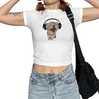 Cat Graphic Baby Tee for Women Grunge Y2k Shirt Funny Crop Tops Teens Cute Cropped Tees Aesthetic Printed Tshirts(White,L)