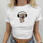 Cat Graphic Baby Tee for Women Grunge Y2k Shirt Funny Crop Tops Teens Cute Cropped Tees Aesthetic Printed Tshirts(White,L)