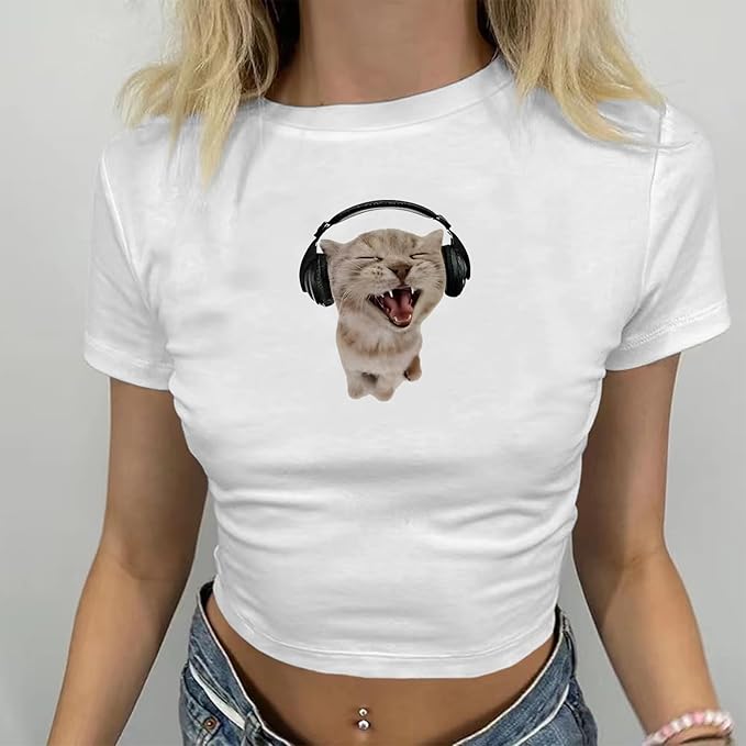 Cat Graphic Baby Tee for Women Grunge Y2k Shirt Funny Crop Tops Teens Cute Cropped Tees Aesthetic Printed Tshirts(White,S)
