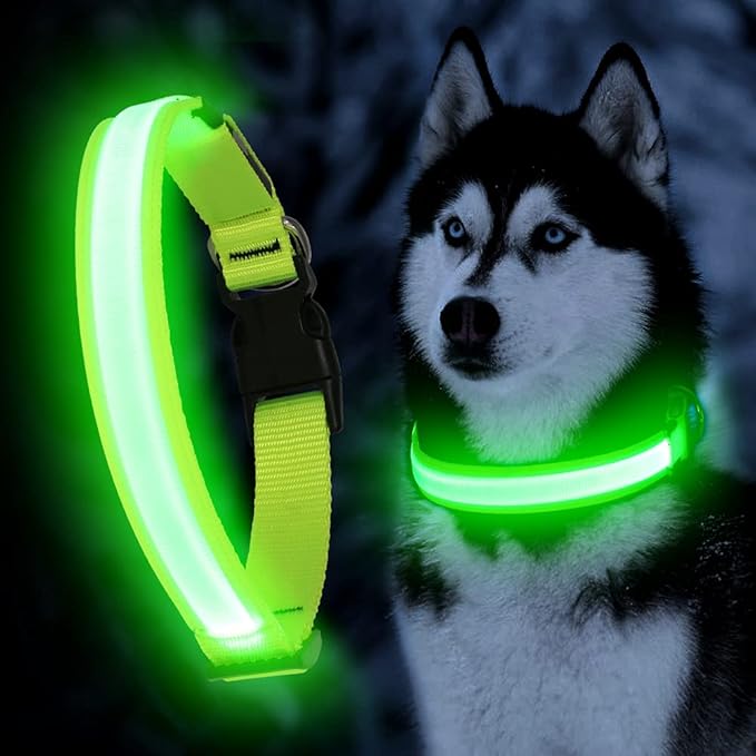 YFbrite Ultra Light Adjustable LED Dog Collar, Light up Dog Collars Rechargeable Glowing in The Dark Collars Visiblity & Safety for Small, Medium, Large Dogs (Green, X-Large)