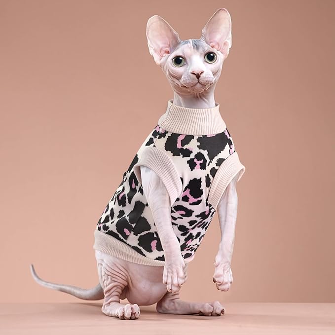 Idepet Cat Clothes Kitten Sweater Soft Kitten Shirt Cute Leopard Print Kitty Vest Pullover Pajamas Jumpsuit Cotton Apparel for Hairless Cats & Puppy (Pink,M)