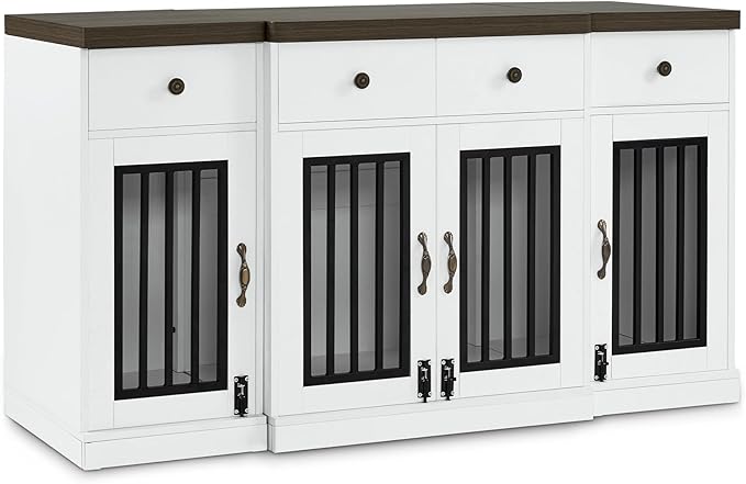 MCombo Wooden Dog Crate Furniture with 4 Drawers and 4 Lockable Doors, Pet Kennel TV Stand for Medium/Large Dogs 1872 (White and Brown)