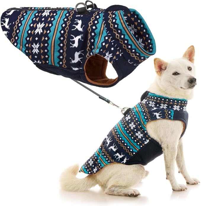 Gooby Zip Up Fleece Dog Sweater - Deer Blue, Medium - Warm Pullover Fleece Step-in Dog Jacket with Dual D Ring Leash - Winter Small Dog Sweater - Dog Clothes for Small Dogs Boy and Medium Dogs