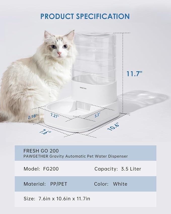 PAWGETHER® Gravity Cat Water Dispenser with 6 Pcs Filters Pet Waterer for Cats and Small to Medium Sized Dogs 1 Gallon/3.5L