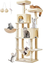 Taoqimiao Cat Tree, 66.2-Inch Cat Tower for Indoor Cats, Plush Multi-Level Cat Condo with 7 Scratching Posts, 2 Perches, 2 Caves, Hammock, 2 Pompoms, Beige MS013M