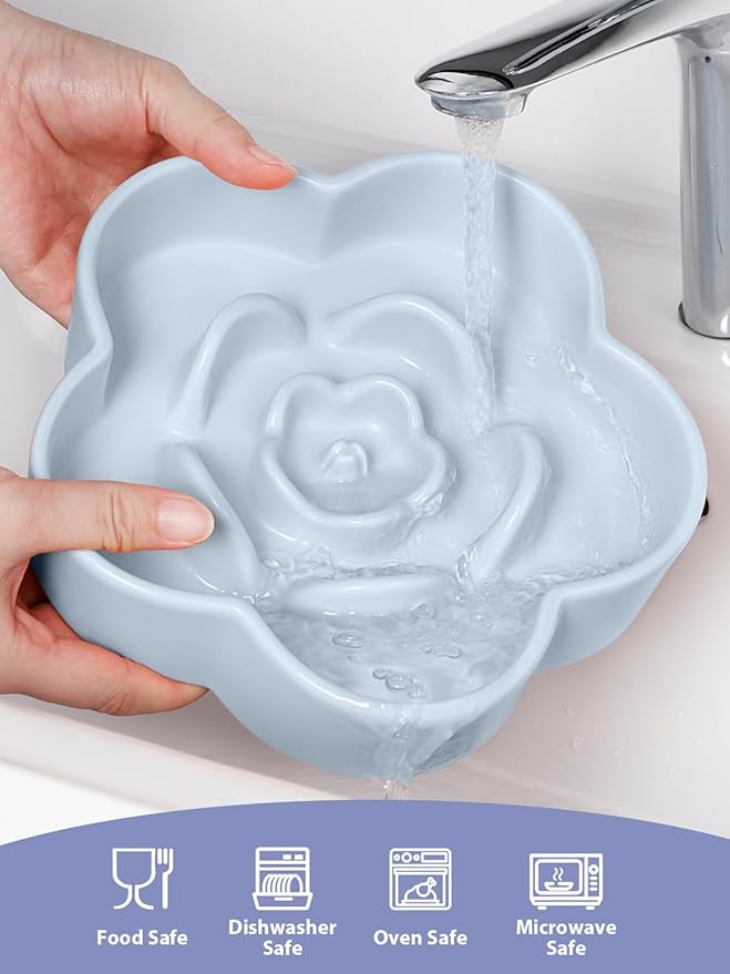 Ceramic Slow Feeder Dog Bowl, Anti-Choking Slow Food Bowls, 8" 11.3oz Slow Feeder for Medium, Large Breeds, Plum Puzzle Design, Non-Slip Silicone, Dishwasher and Microwave Safe, Blue