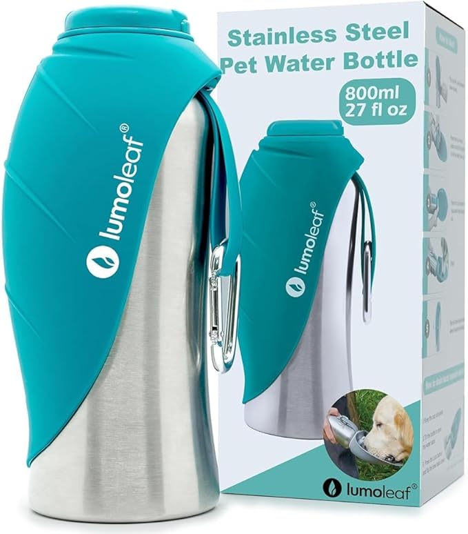 LumoLeaf Portable Dog Water Bottle 27 OZ, Stainless Steel Pet Travel Water Bottle Dispenser for Walking, Hiking and Outdoor, Portable Water Bowl for Large Dogs (Blue)