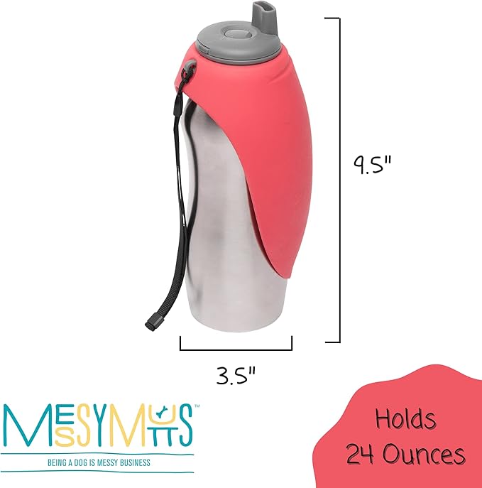 Messy Mutts Stainless Steel Travel Water Bottle with Silicone Flip Up Bowl | Pet Travel Necessity | Camping, Hiking, Walking Accessory | 24 oz / 700mL | Watermelon