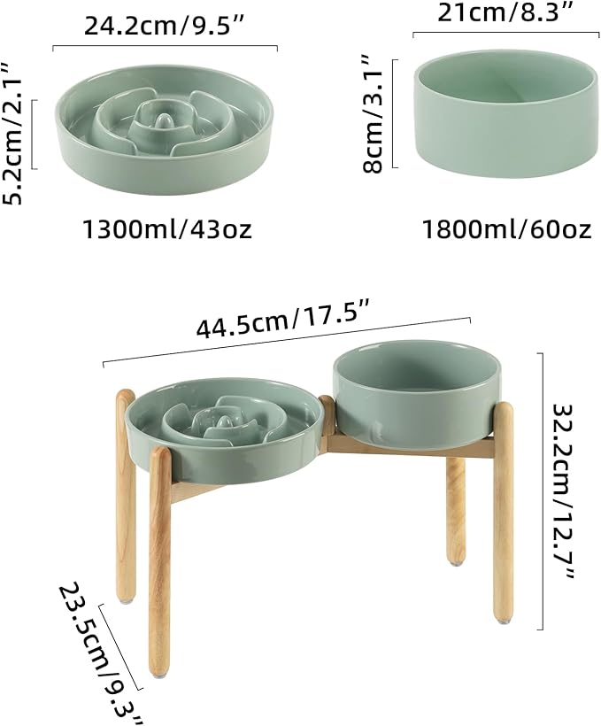 Ceramic Raised Slow Feeder Dog Bowl Set, Elevated 8.2inch Bowl and 9.5inch Puzzle Slow Food Dish with Wooden Stand for Large Dog, Anti-Gulping (2X Light Green+ Stand)