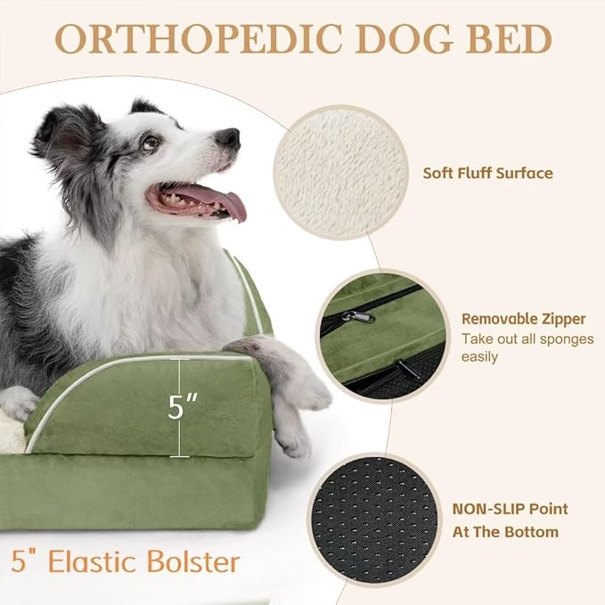 Comfort Expression Orthopedic Bolster Dog Beds Extra Large, XL Dog Beds Waterproof Dogs Beds, Washable Dogs Beds Sofa with Removable Cover & Non-Slip Bottom(X-Large,Light Green)