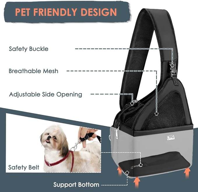SlowTon Pet Dog Sling Carrier, Hands Free Hard Bottom Papoose Small Animal Puppy Up to 12 lbs Travel Bag Tote Breathable Mesh Support Adjustable Padded Strap Pocket Safety Belt Machine Washable