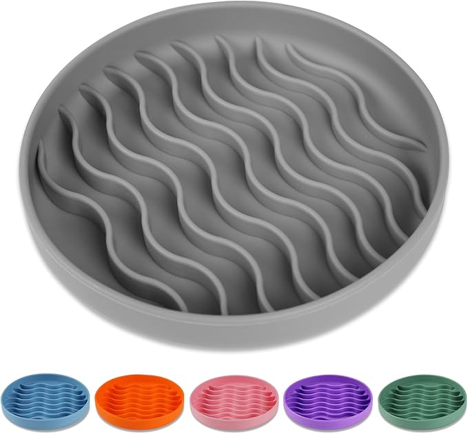 Slow Feeder Dog Bowls, Silicone Food Bowl Anti-Gulping, Pets Puppy Slow Feeder with Suction Cups, Dishwasher Microwave Safe for All Small Medium Dogs, Wave Design Grey
