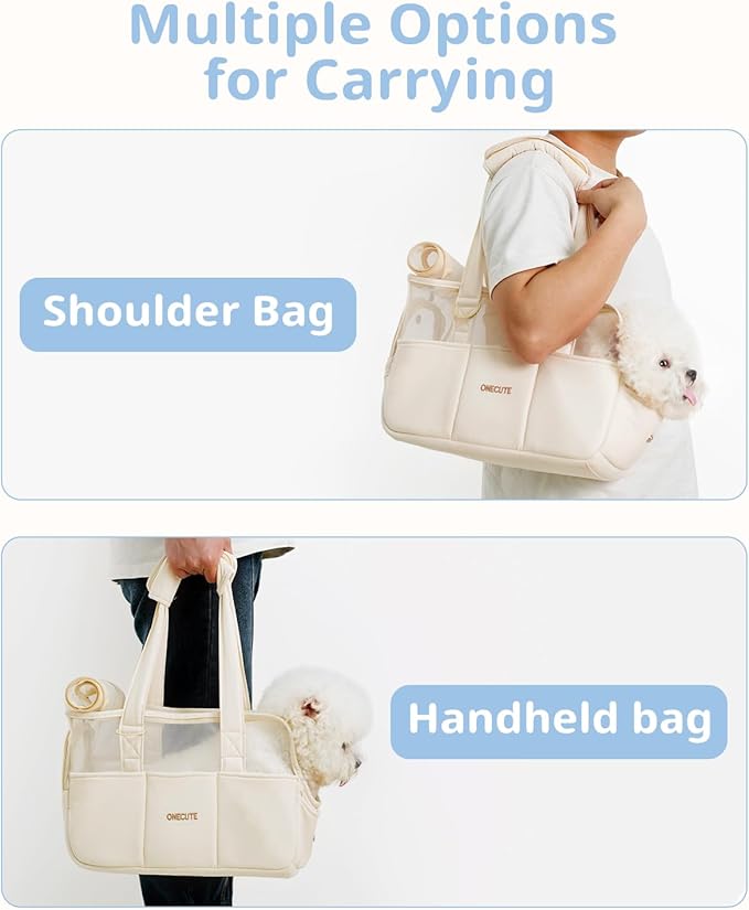 Dog Purse Carrier for Small Dogs Rabbit cat with Large Pockets, Cotton Bag, Dog Carrier Soft Sided, Collapsible Travel Puppy Carrier (Beige Breathable, 13.6" L x 6.5" W x 10.0" H)