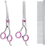 Maxshop Dog Grooming Scissors with Safety Round Tips, Heavy Duty Titanium Pet Grooming Trimmer Kit, Professional Thinning Shears, Curved Scissors with Comb for Dogs and Cats (Pink Set of 3)
