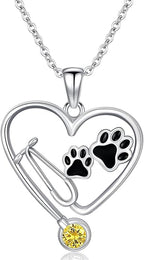 Birthstone Veterinary Stethoscope Necklace 925 Sterling Silver Nurse Vet Pendant with Dog Paw Nurse Jewelry Gifts for Veterinarian Nurse Women Veterinarian Gifts
