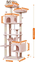 Taoqimiao Cat Tree, 68-Inch Cat Tree Cat Tower for Indoor Cats, Plush Multi-Level Cat Condo with 6 Scratching Posts, 2 Perches, 2 Caves,Hammock, 3 Pompoms,MS020SP Jelly Pink