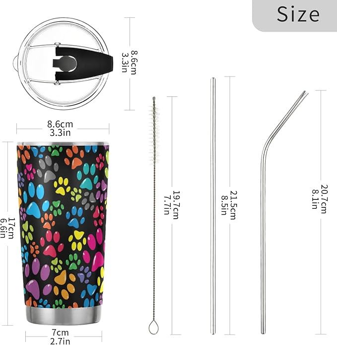 Tumbler Rainbow Dog Paw Cute Insulated Coffee Cup Beverage Container Travel Mug with Straw and Lid Double Wall Stainless Steel 20oz BPA-Free for Sport, Back to School