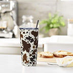 Western Cow Print Tumbler with Lid and Straw, 20 Oz Stainless Steel Insulated Brown Cow Water Bottle Cup Coffee Mug